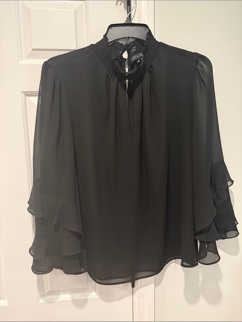 1. State Black Ruffle Sleeve Chiffon Blouse
